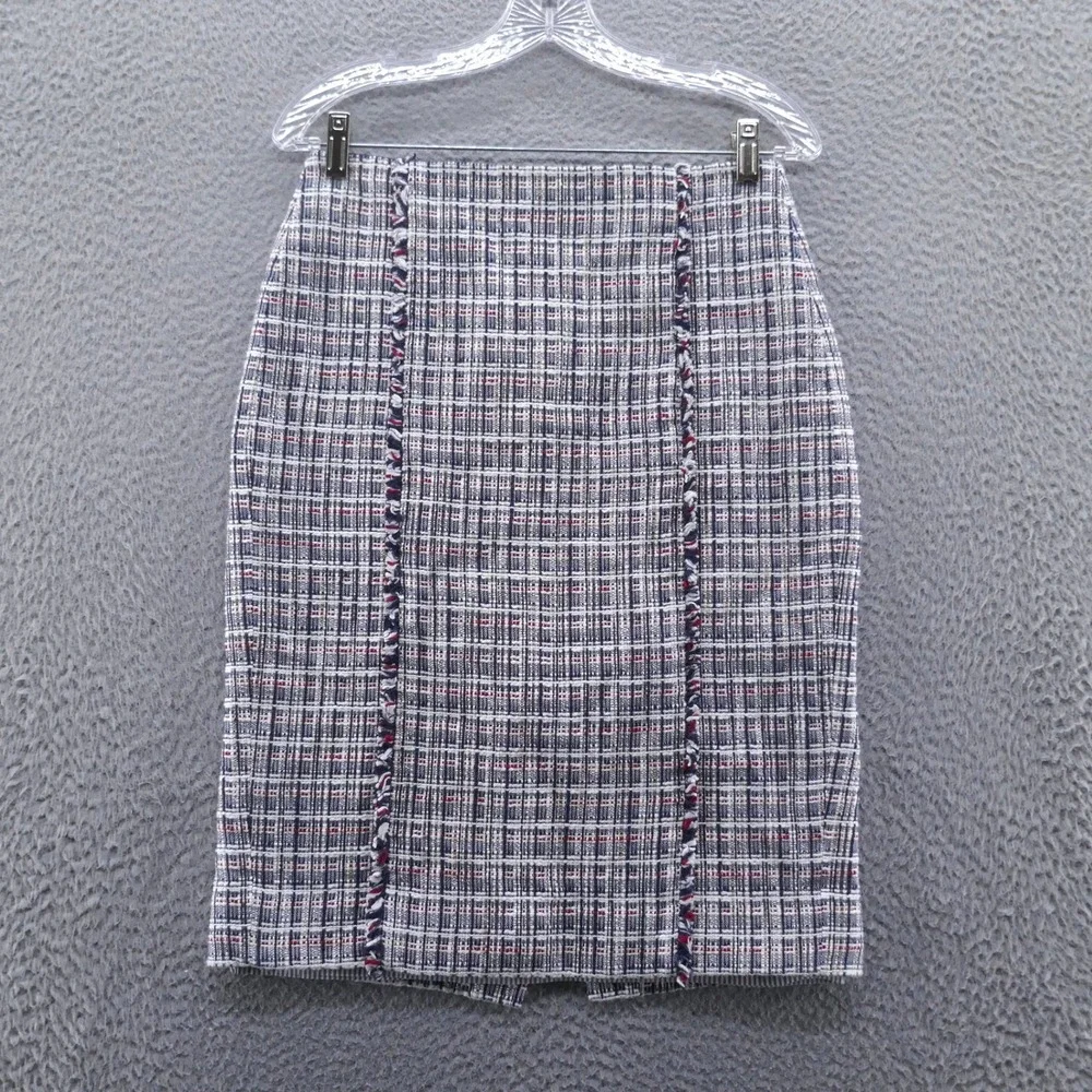 J Crew Womens Navy‎ Blue Red White Plaid Tweed Fringe Pencil Skirt Size 4
